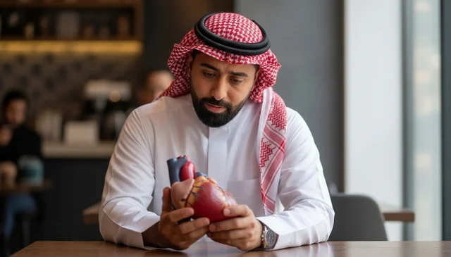 Saudi Man Examining Anatomical Heart Model in Office