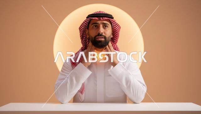 رجل سعودي مع رسم توضيحي للغدة الدرقية وألم الرقبة