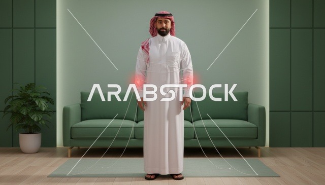 رجل سعودي مع مؤشرات ألم المفاصل في غرفة معيشة
