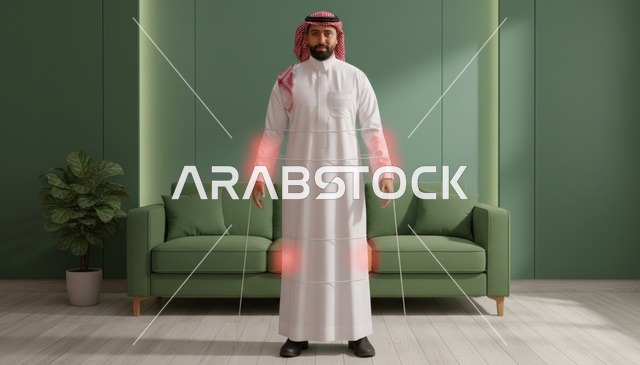 رجل سعودي بالثوب مع مؤشرات تقنية لألم المفاصل