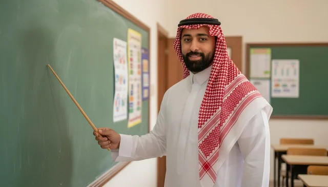 Saudi Teacher Pointing at Chalkboard in Classroom