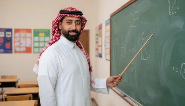 معلم سعودي في الفصل يشرح دروس الهندسة