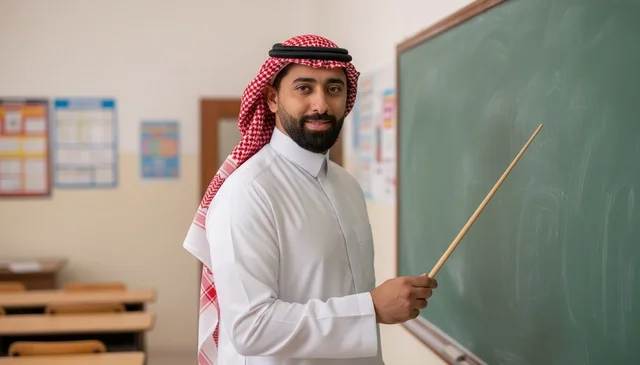 معلم سعودي في الفصل الدراسي أمام السبورة