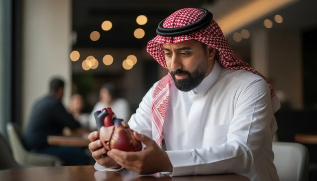 Saudi Man Examining Anatomical Heart Model