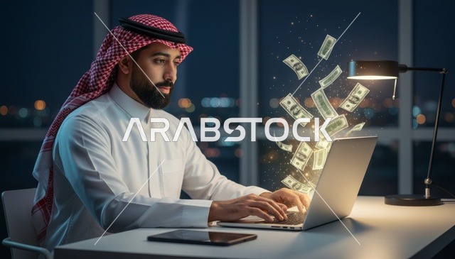رجل أعمال سعودي يستخدم الحاسوب مع تطاير الأموال