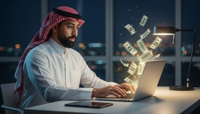 رجل أعمال سعودي يستخدم الحاسوب مع تطاير الأموال