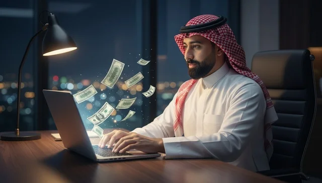رجل أعمال سعودي يربح المال عبر الإنترنت في المكتب