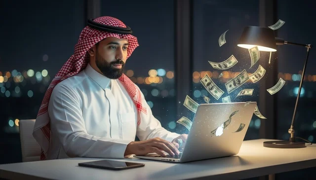 رجل أعمال سعودي يربح المال عبر الإنترنت في الليل