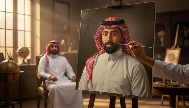 Saudi Man Painting Traditional Portrait in Studio