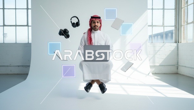 رجل سعودي بالثوب التقليدي يطير مع جهاز كمبيوتر