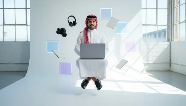 Saudi Man in Thobe Levitating with Laptop Studio