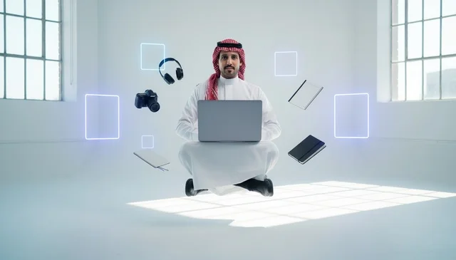 Saudi Man Levitation with Laptop in White Studio