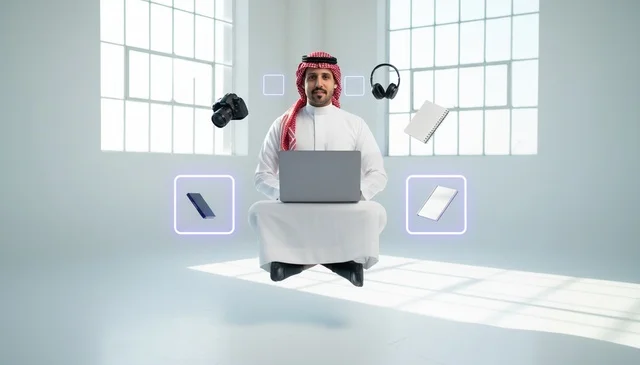 Saudi Man Levitaling with Laptop and Digital Gadgets