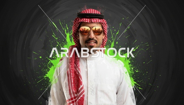 رجل سعودي بالثوب والشماغ مع خلفية فنية خضراء