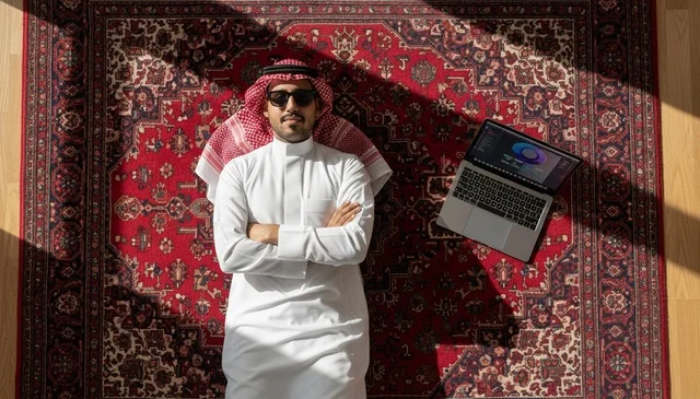 Saudi Man in Traditional Thobe Lying on Rug with Laptop
