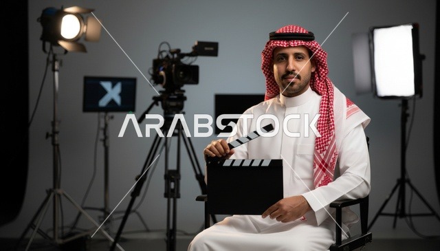 رجل سعودي يحمل لوحة كلاكيت في استوديو إعلامي