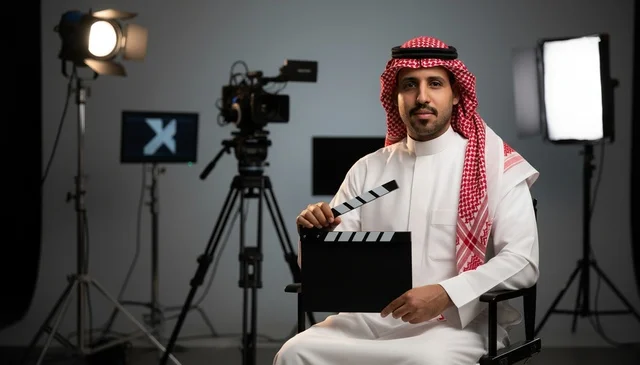 Saudi Man Holding Clapperboard in Media Studio