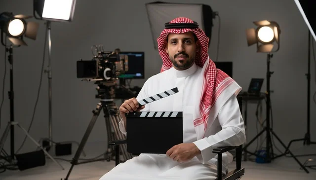 Saudi Man with Film Clapperboard in Production Studio