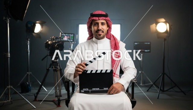 Saudi Man with Clapperboard in Professional Film Studio