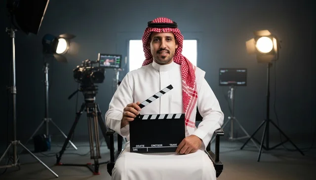 رجل سعودي يحمل لوحة كلاكيت في استوديو إنتاج سينمائي