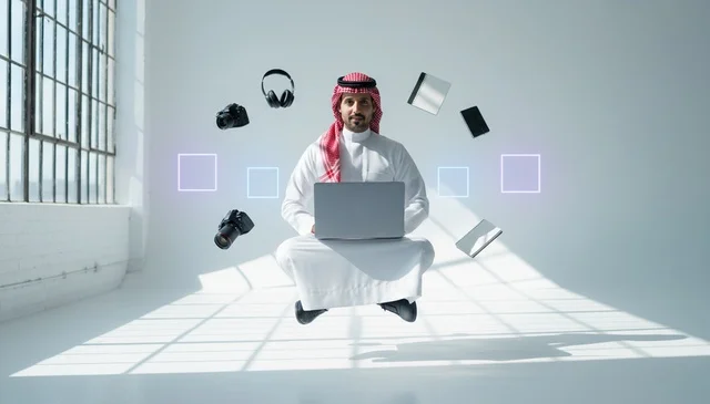 رجل سعودي يطير مع لابتوب وأجهزة تقنية