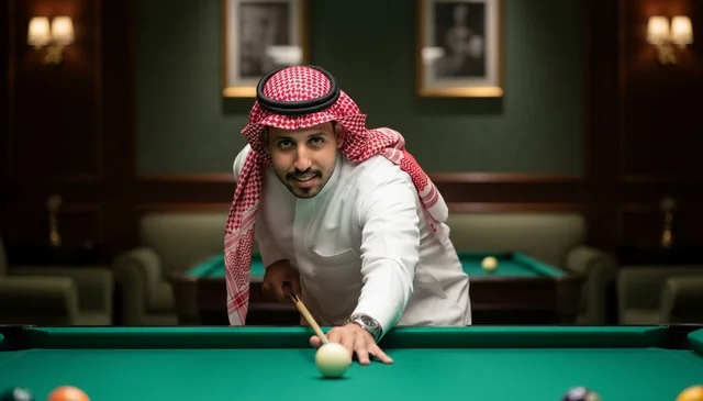 رجل سعودي يرتدي الثوب التقليدي يلعب البلياردو في النادي
