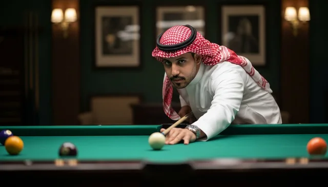 رجل سعودي بالزي التقليدي يلعب البلياردو