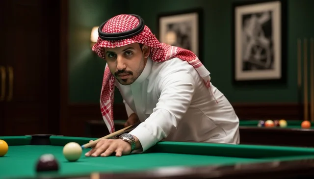 رجل سعودي بالزي التقليدي يلعب رياضة البلياردو