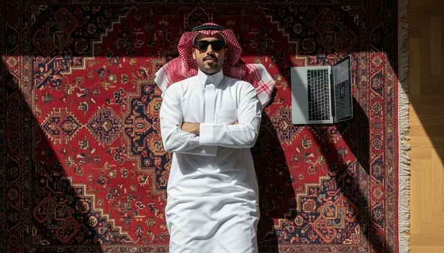 Saudi Man in Traditional Thobe Lying on Carpet with Laptop