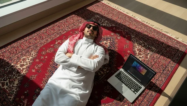 رجل سعودي بالثوب التقليدي يستلقي على سجادة مع لابتوب