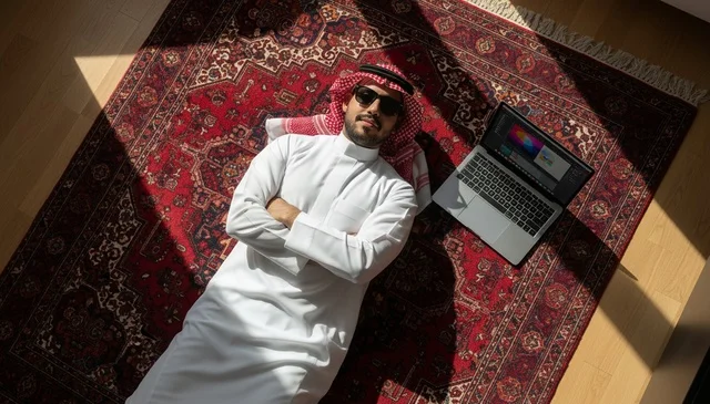 Saudi Man in Traditional Thobe Lying with Laptop