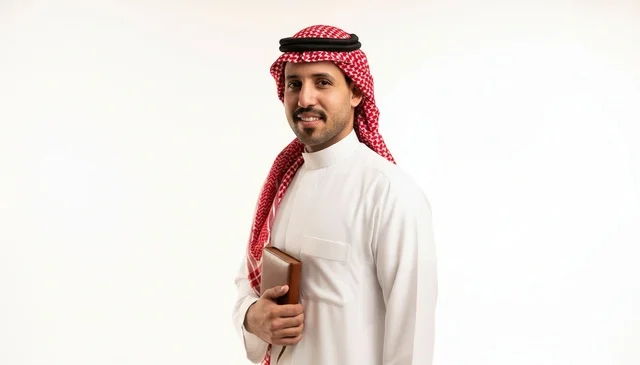 رجل سعودي بالزي التقليدي يحمل كتابا خلفية بيضاء