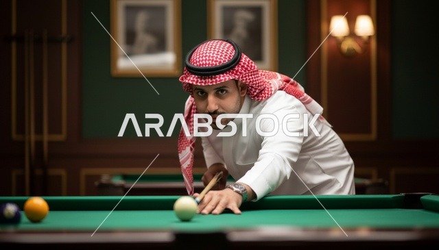 رجل سعودي يلعب البلياردو في نادي رياضي بالزي التقليدي