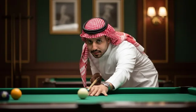 رجل سعودي يلعب البلياردو في نادي رياضي بالزي التقليدي