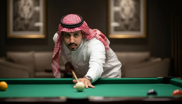 رجل سعودي بالزي التقليدي يلعب البلياردو بتركيز