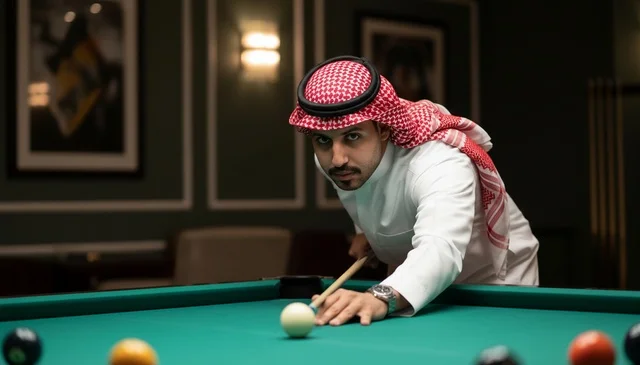 رجل سعودي بالزي التقليدي يلعب البلياردو في صالة ترفيه