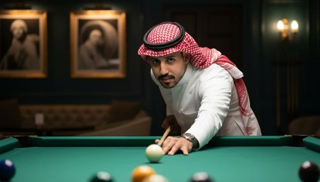 رجل سعودي بالزي التقليدي يلعب البلياردو