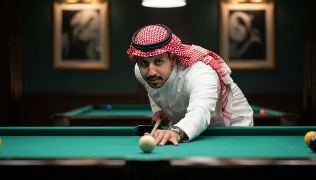 رجل سعودي يلعب البلياردو بالزي التقليدي