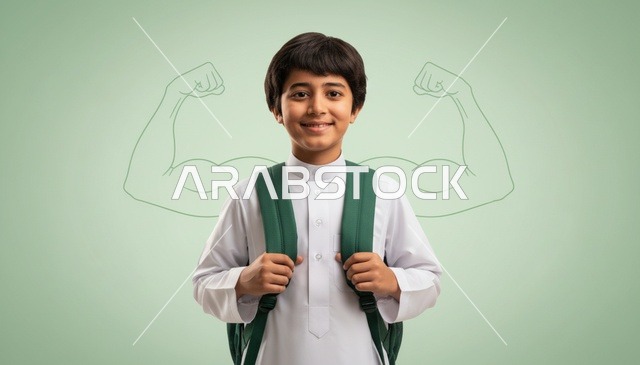 طالب سعودي بالثوب الأبيض مع رمز القوة والثقة