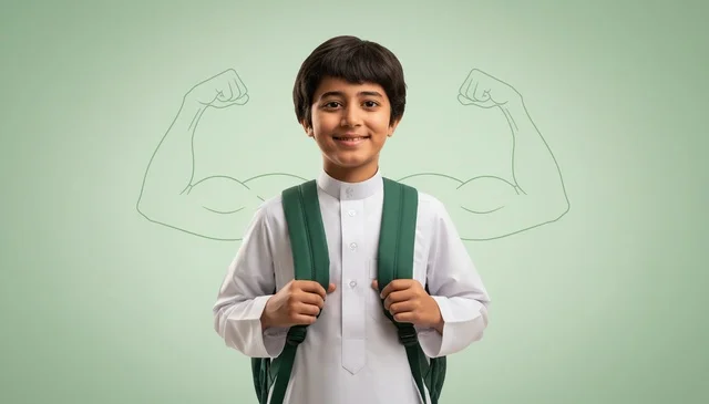 طالب سعودي بالثوب الأبيض مع رمز القوة والثقة