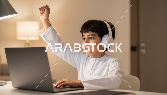 طفل إماراتي مع لابتوب وسماعات يعبر عن النجاح
