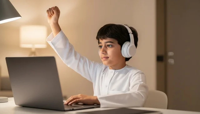 طفل إماراتي مع لابتوب وسماعات يعبر عن النجاح