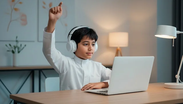 طفل سعودي بالثوب يستخدم الحاسوب للتعليم عن بعد