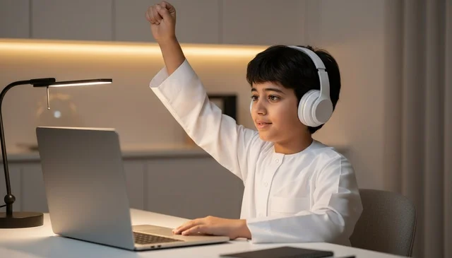 Emirati Boy Using Laptop with Headphones for E-learning