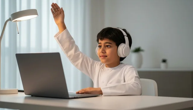 Emirati Boy in Kandura using Laptop for E-learning