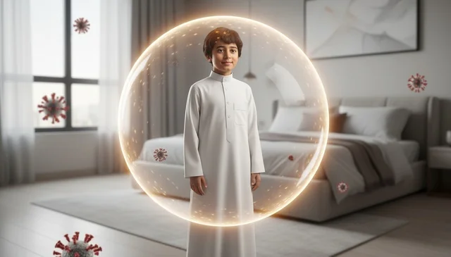 Saudi Boy in Thobe with Virus Protection Shield