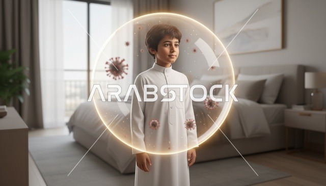 طفل سعودي بالثوب التقليدي داخل درع حماية من الفيروسات