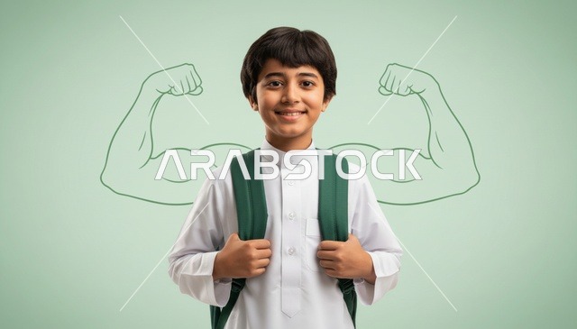 طالب سعودي بالثوب مع رسم عضلات القوة