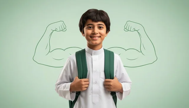 طالب سعودي بالثوب مع رسم عضلات القوة