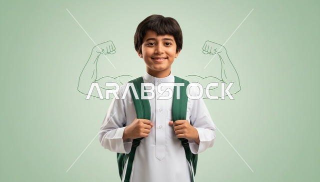 طالب مدرسي سعودي بالثوب مع رسم عضلات